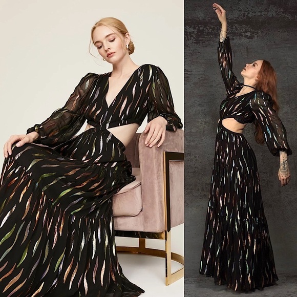 SHOSHANNA Rainbow Metallic Chiffon Puff Long Sleeve Cutout Waist Maxi Gown 10 - Picture 1 of 12